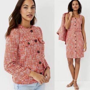 🌺 ANN TAYLOR Set: Orange Multi Fringe Tweed Fray Edges Suit Jacket & Dress